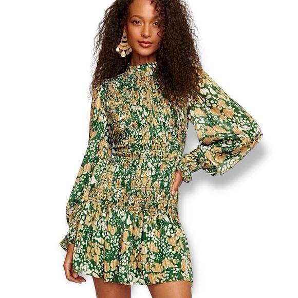 Ramy Brook NWT Lucia Green Floral Smocked Stretch Puff Sleeve Mini Dress Medium - Picture 1 of 14